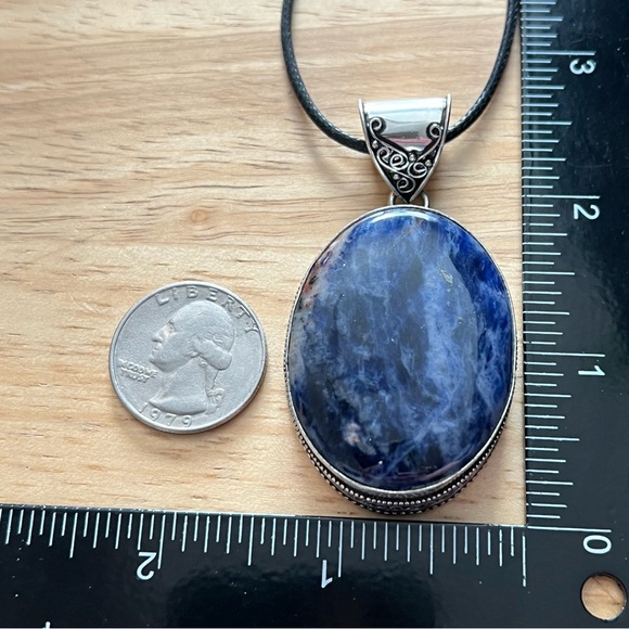 New Large Blue Sodalite Stone Silver Overlay Vintage Style Pendant Necklace - Picture 5 of 7